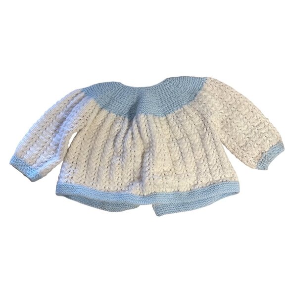 Handmade Baby Cardigan With Blue & White Knit Button Closure Long Sleeves 3 Mth - Picture 3 of 6